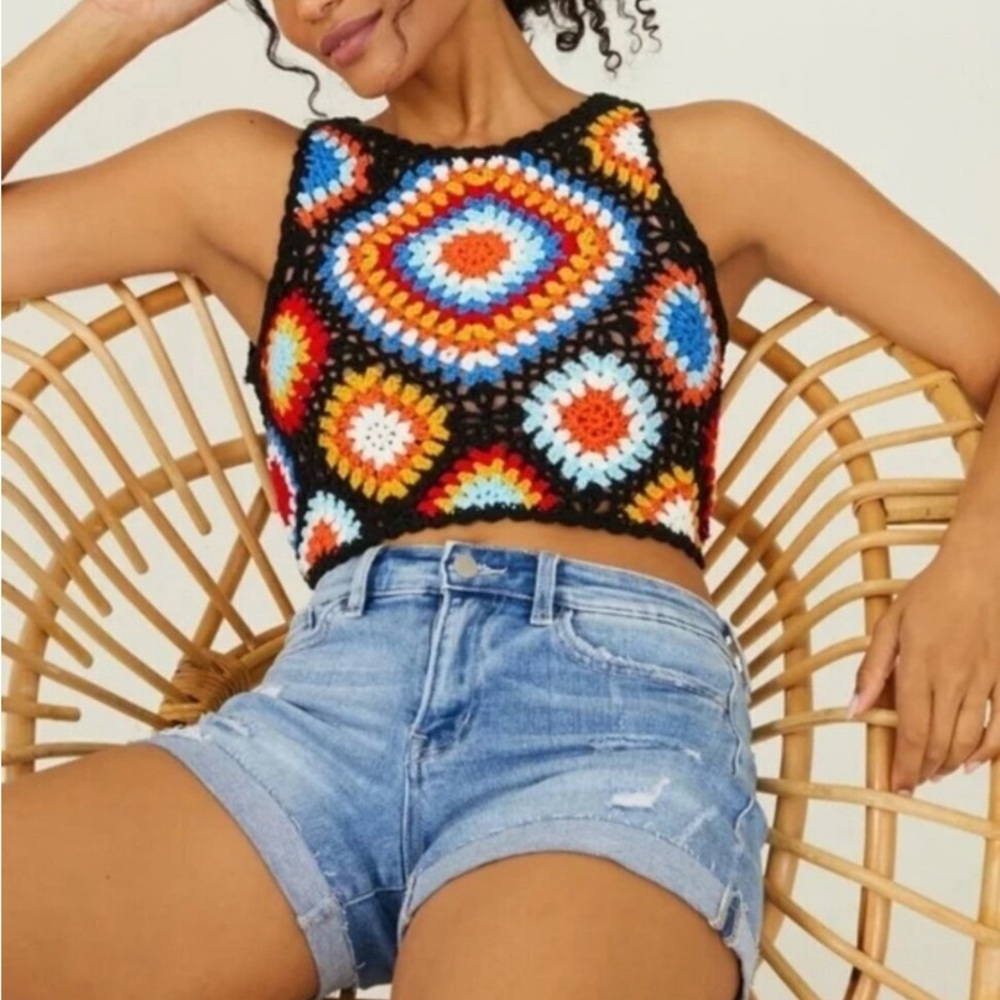 Altar'd State Blossom Tank Top size M Rainbow Crochet Cropped
